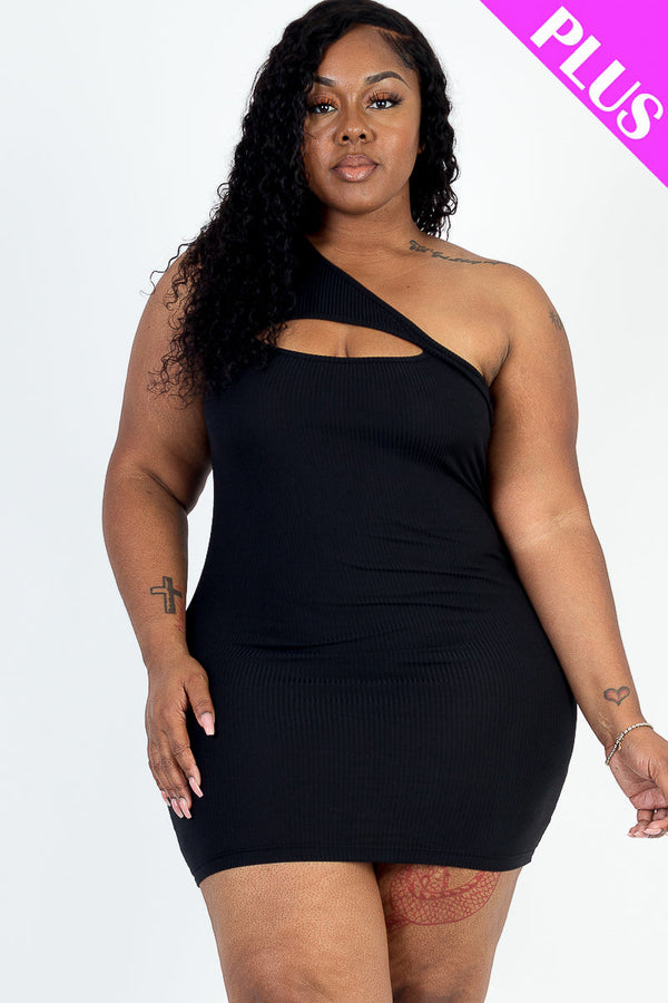 Plus Size Ribbed One Shoulder Cutout Front Casual Mini Bodycon Dress (CAPELLA)-5