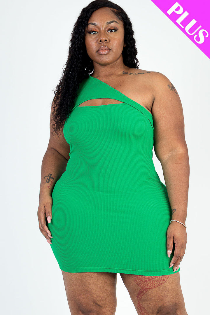 Plus Size Ribbed One Shoulder Cutout Front Casual Mini Bodycon Dress (CAPELLA)-8