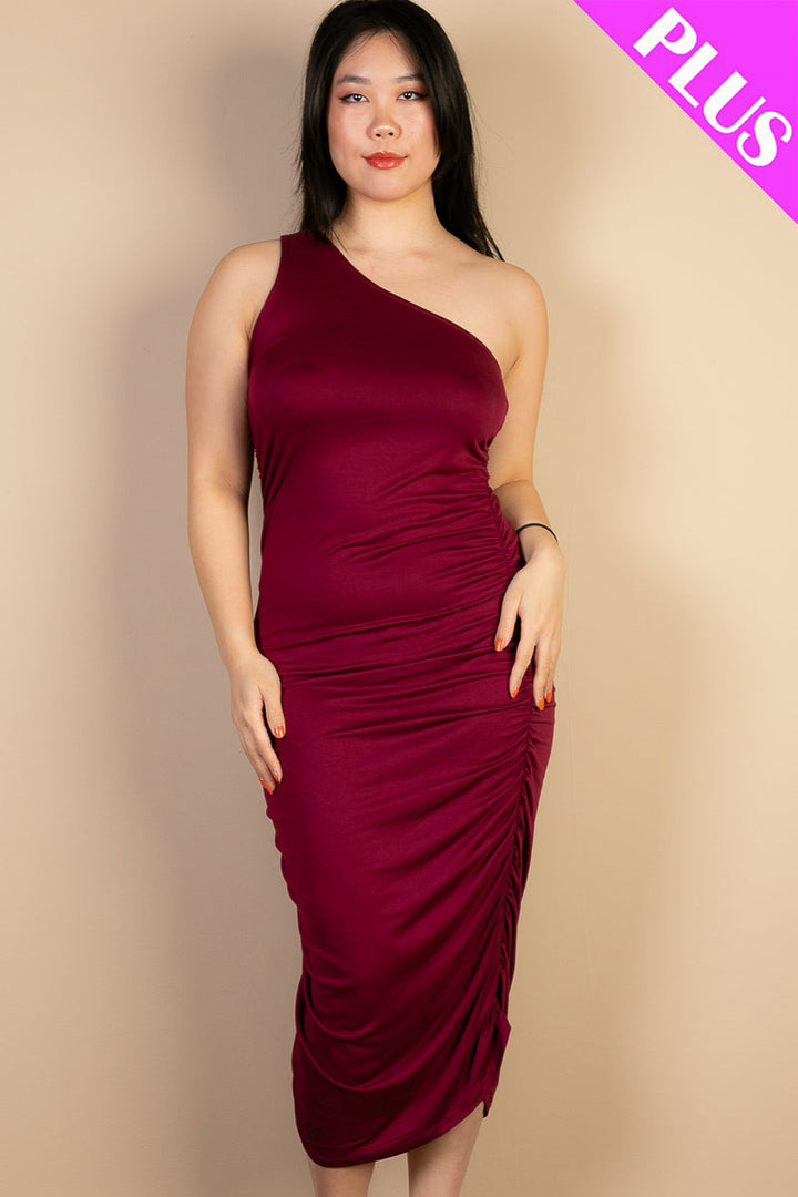 Plus Size Sexy Solid Color Ruched One Shoulder Midi Bodycon Dress (CAPELLA)-6