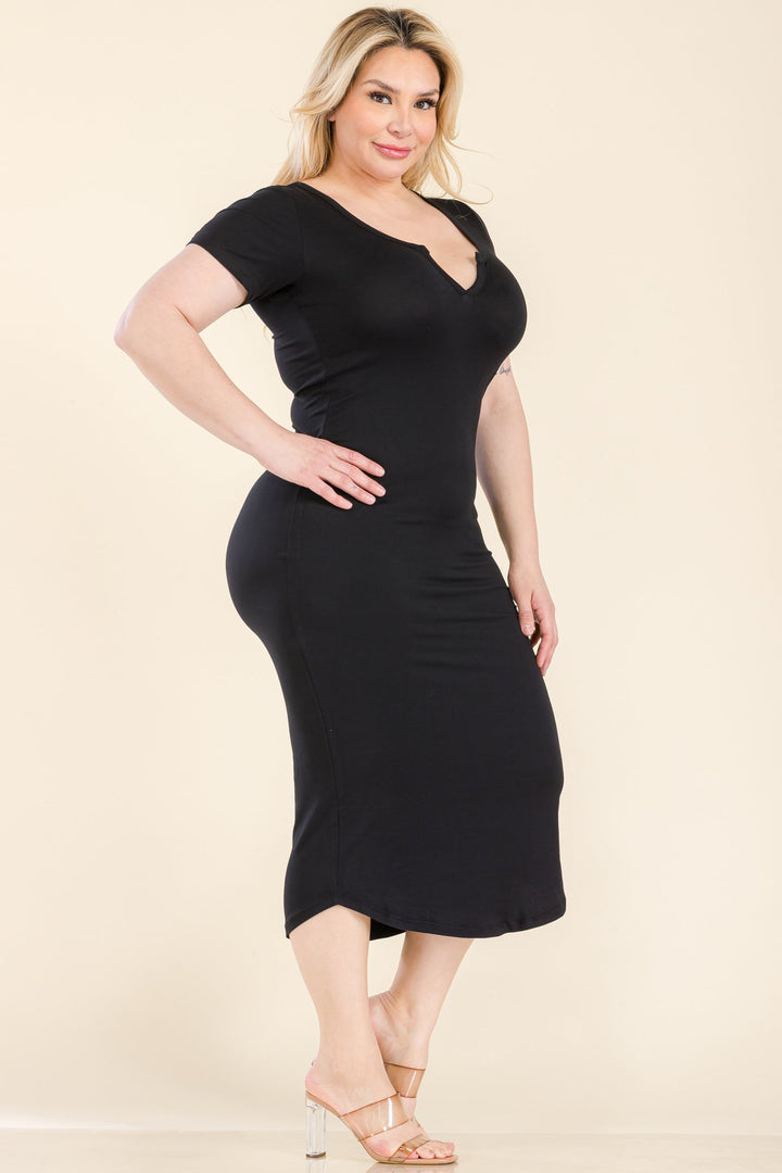 Plus Size Split Neck Bodycon Midi Dress (CAPELLA)-1