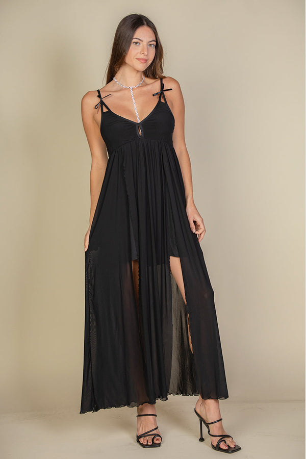 Plunge Neck Split Thigh Mesh Maxi Dress (CAPELLA)-5