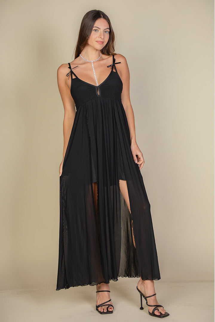 Plunge Neck Split Thigh Mesh Maxi Dress (CAPELLA)-5