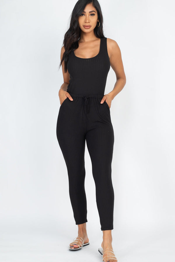 Ribbed Sleeveless Drawstring Jumpsuit (CAPELLA)-5