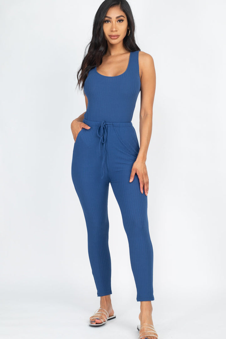 Ribbed Sleeveless Drawstring Jumpsuit (CAPELLA)-6