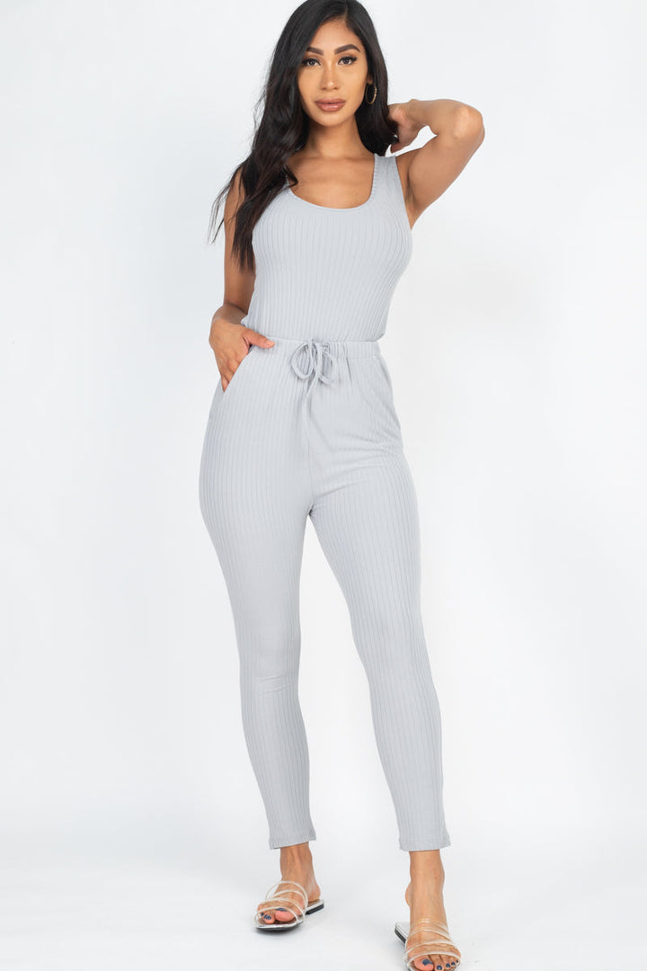 Ribbed Sleeveless Drawstring Jumpsuit (CAPELLA)-10