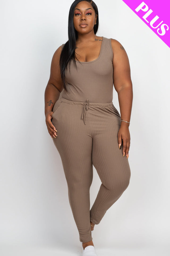 Plus Size Ribbed Sleeveless Drawstring Waist Jumpsuit (CAPELLA)-13