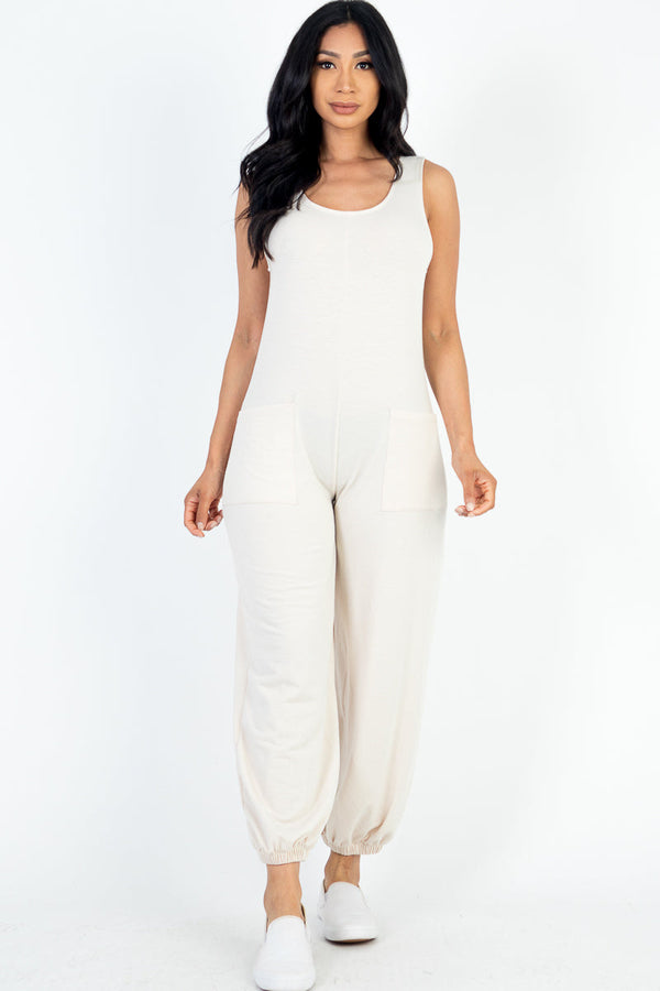 Casual Solid French Terry Sleeveless Scoop Neck Front Pocket Jumpsuit (CAPELLA)-5