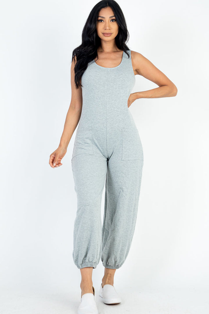 Casual Solid French Terry Sleeveless Scoop Neck Front Pocket Jumpsuit (CAPELLA)-7
