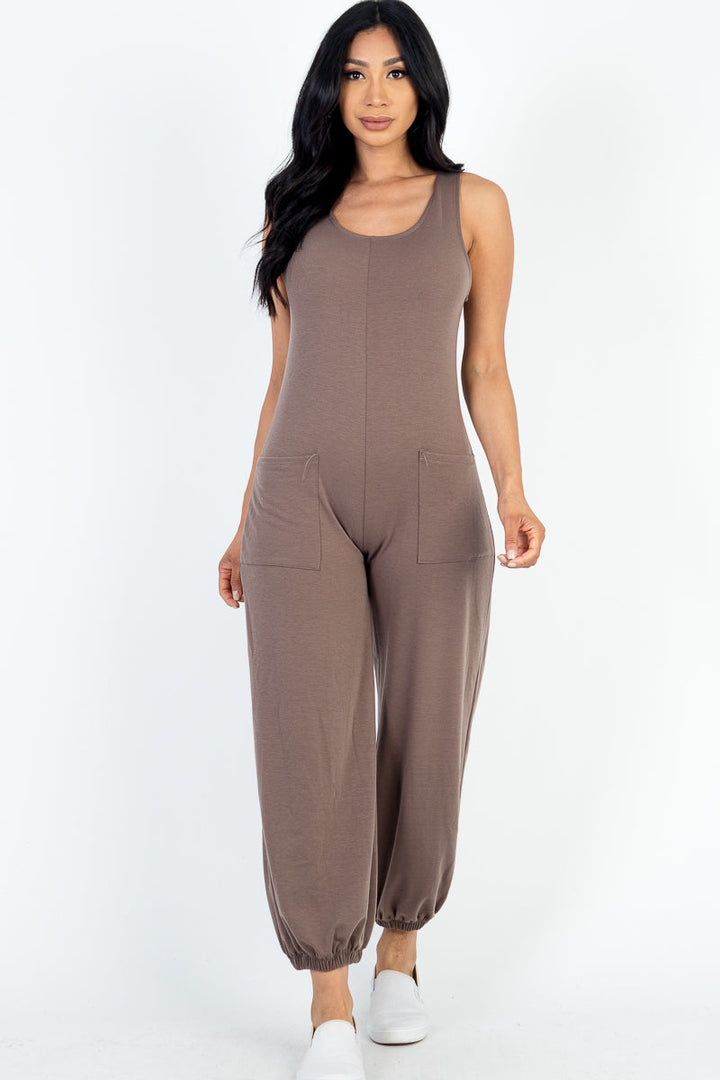 Casual Solid French Terry Sleeveless Scoop Neck Front Pocket Jumpsuit (CAPELLA)-9