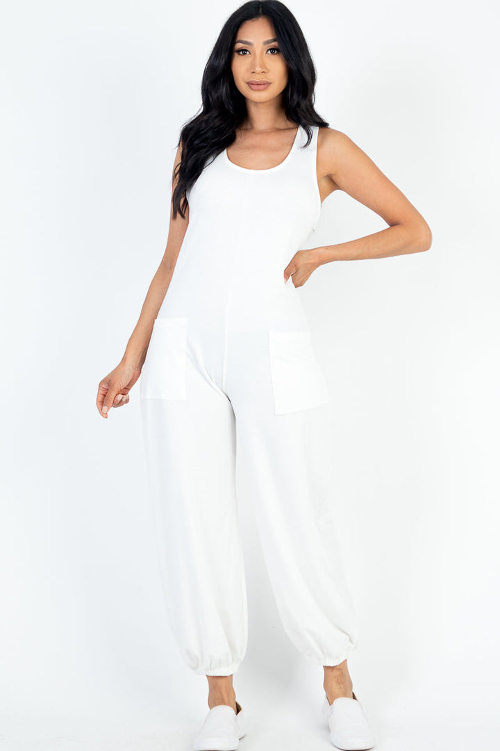 Casual Solid French Terry Sleeveless Scoop Neck Front Pocket Jumpsuit (CAPELLA)-10