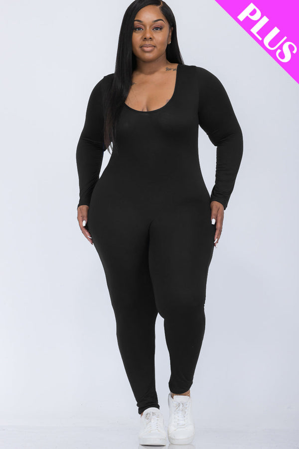 Plus Size Scoop Neck Long Sleeve Bodycon Jumpsuit (CAPELLA)-5