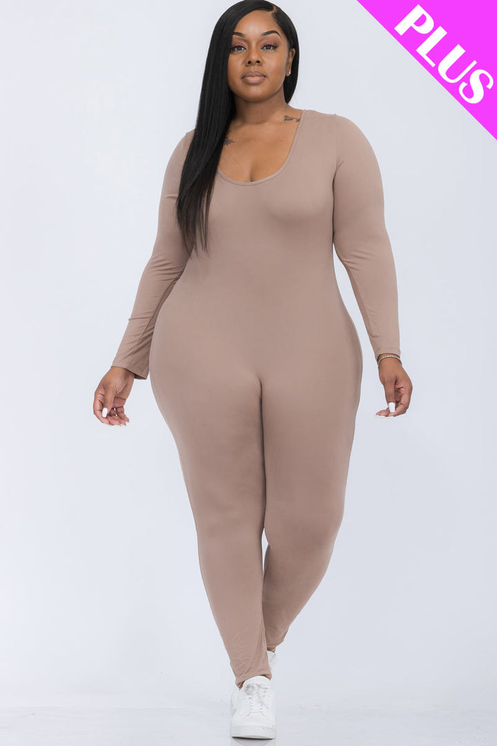 Plus Size Scoop Neck Long Sleeve Bodycon Jumpsuit (CAPELLA)-11