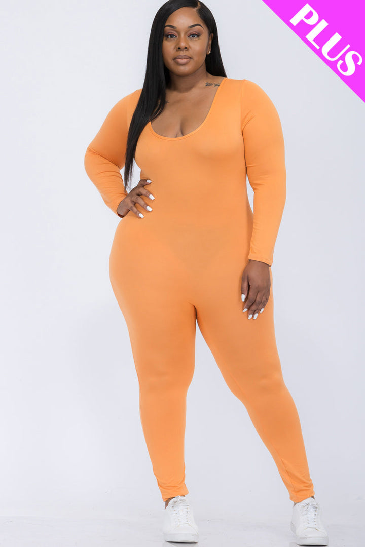 Plus Size Scoop Neck Long Sleeve Bodycon Jumpsuit (CAPELLA)-12