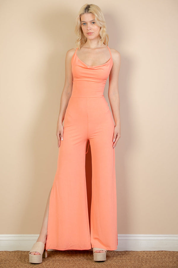 Ribbed Cowl Neck Backless Split Wide Leg Jumpsuit (CAPELLA)-0