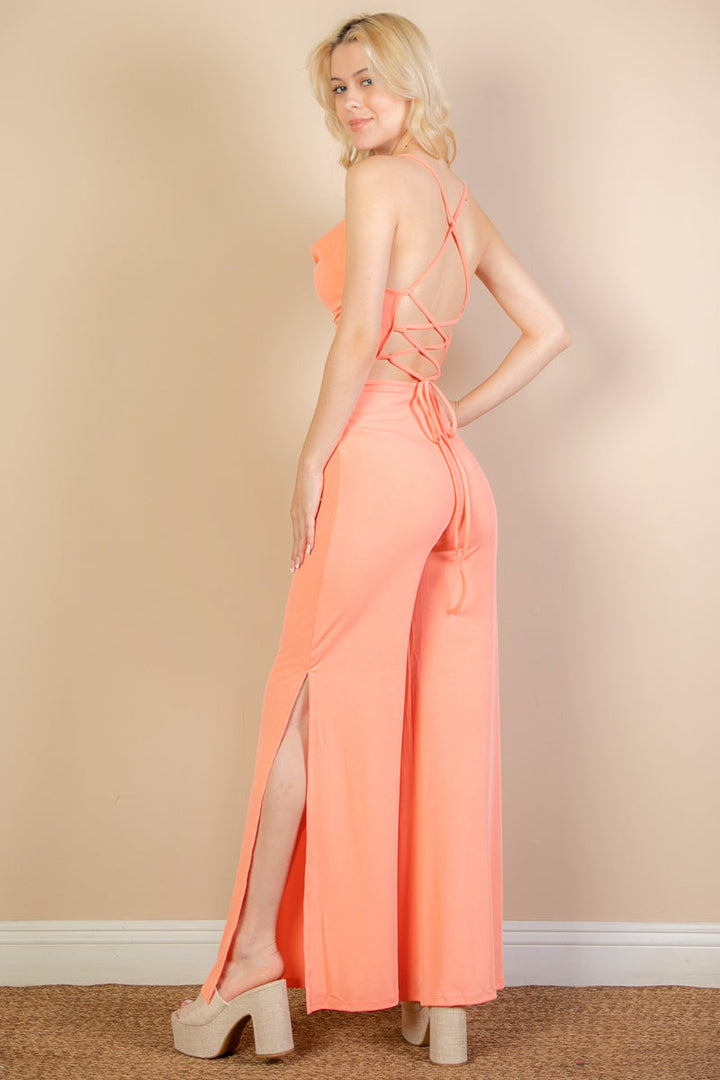 Ribbed Cowl Neck Backless Split Wide Leg Jumpsuit (CAPELLA)-3