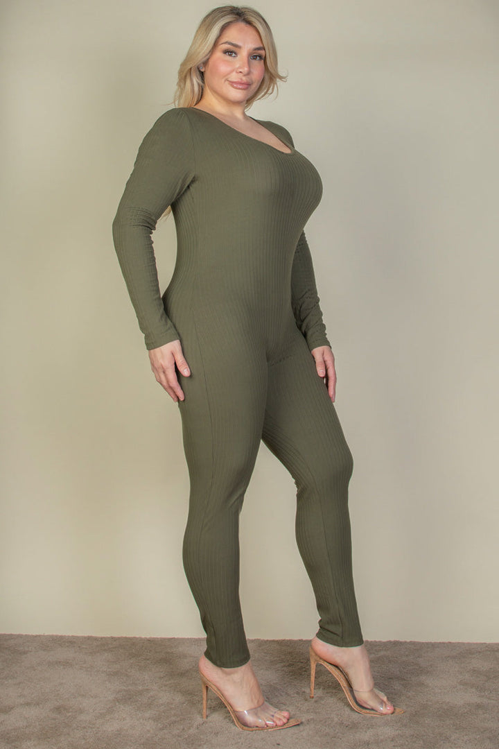 Plus Size Ribbed Scoop Neck Long Sleeve Jumpsuit (CAPELLA)-3