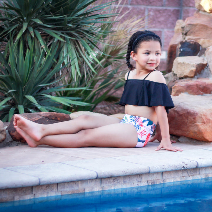 Girls 2 piece Black Ruffle Pink Tropical Bikini bathing suit-4