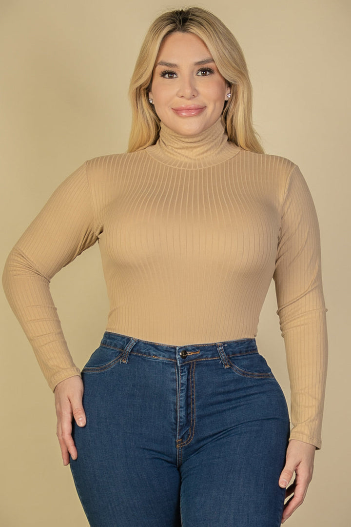 Plus Size Ribbed Turtle Neck Long Sleeve Bodysuit (CAPELLA)-0
