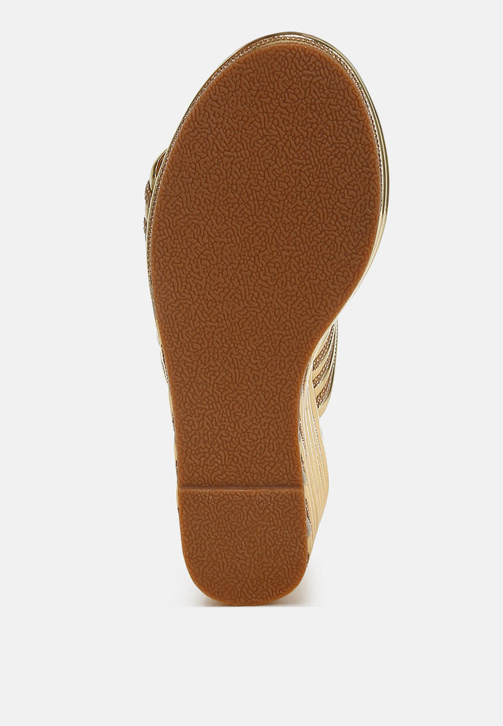 Benched Metallic Faux Leather Wedge Sandals-4