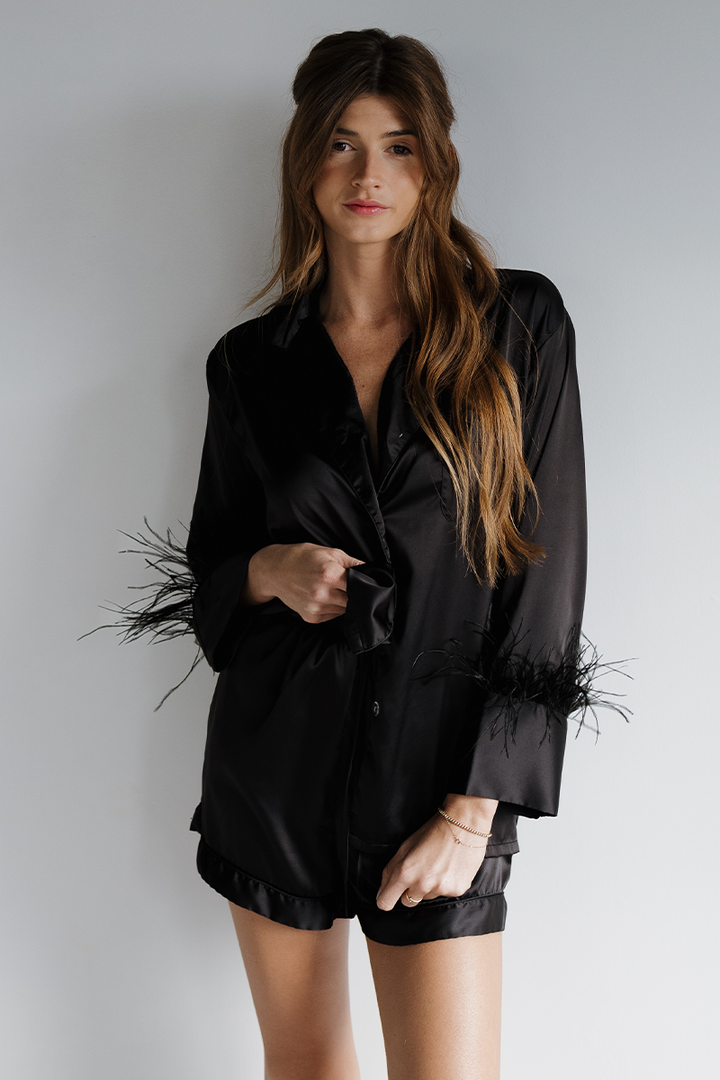 Black Feathers Satin Shorts Set-2