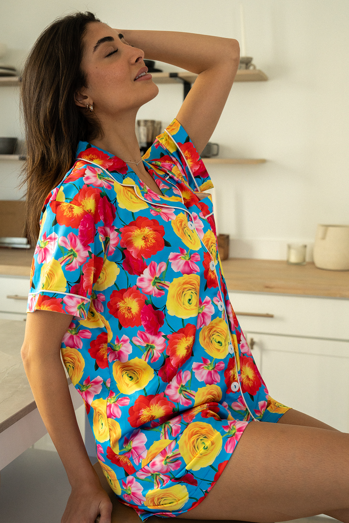Blue Floral Satin Pajamas-2