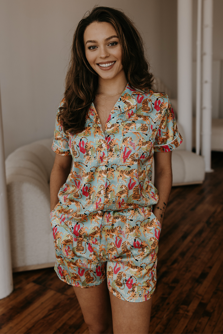 Blue Tiger Print Satin Pajamas-4