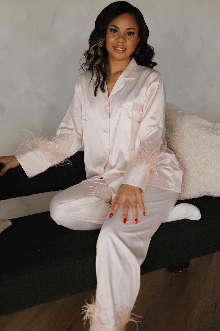 Blush Feather Satin Pants Set-1