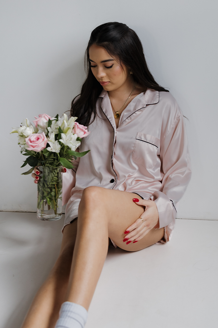 Blush Long Sleeve Top and Shorts Set with Black trim-1
