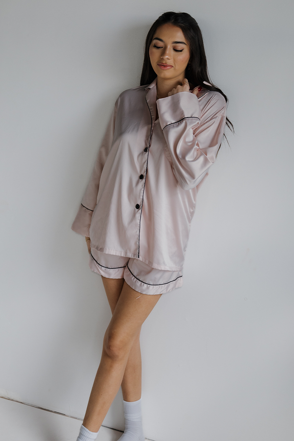 Blush Long Sleeve Top and Shorts Set with Black trim-0