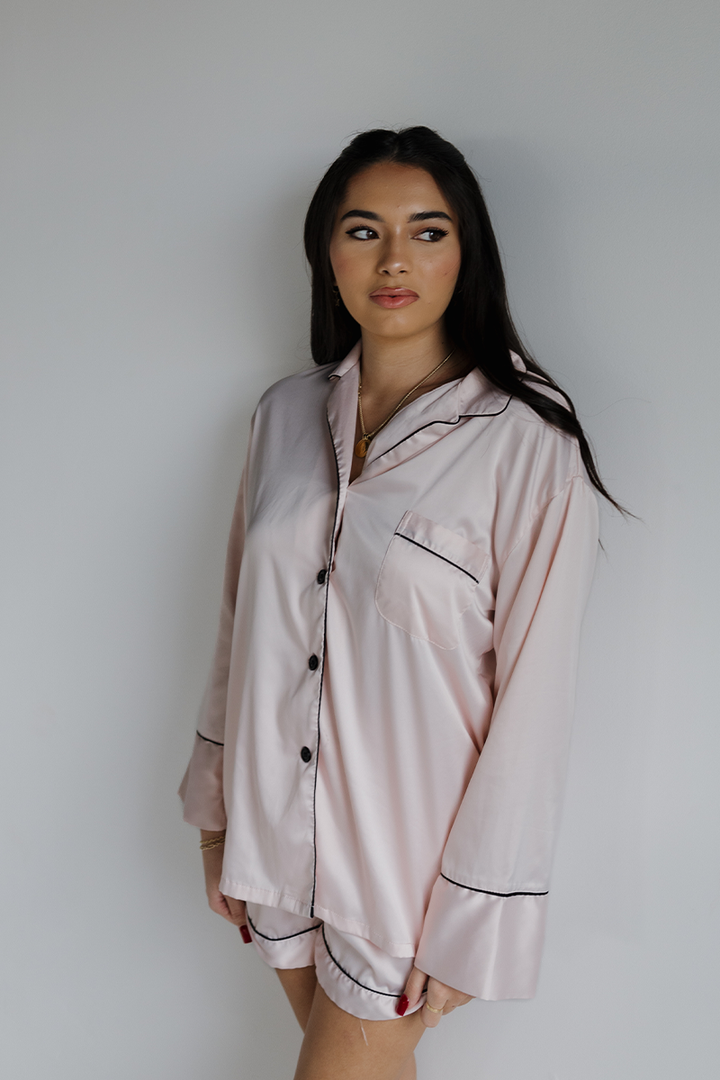 Blush Long Sleeve Top and Shorts Set with Black trim-4