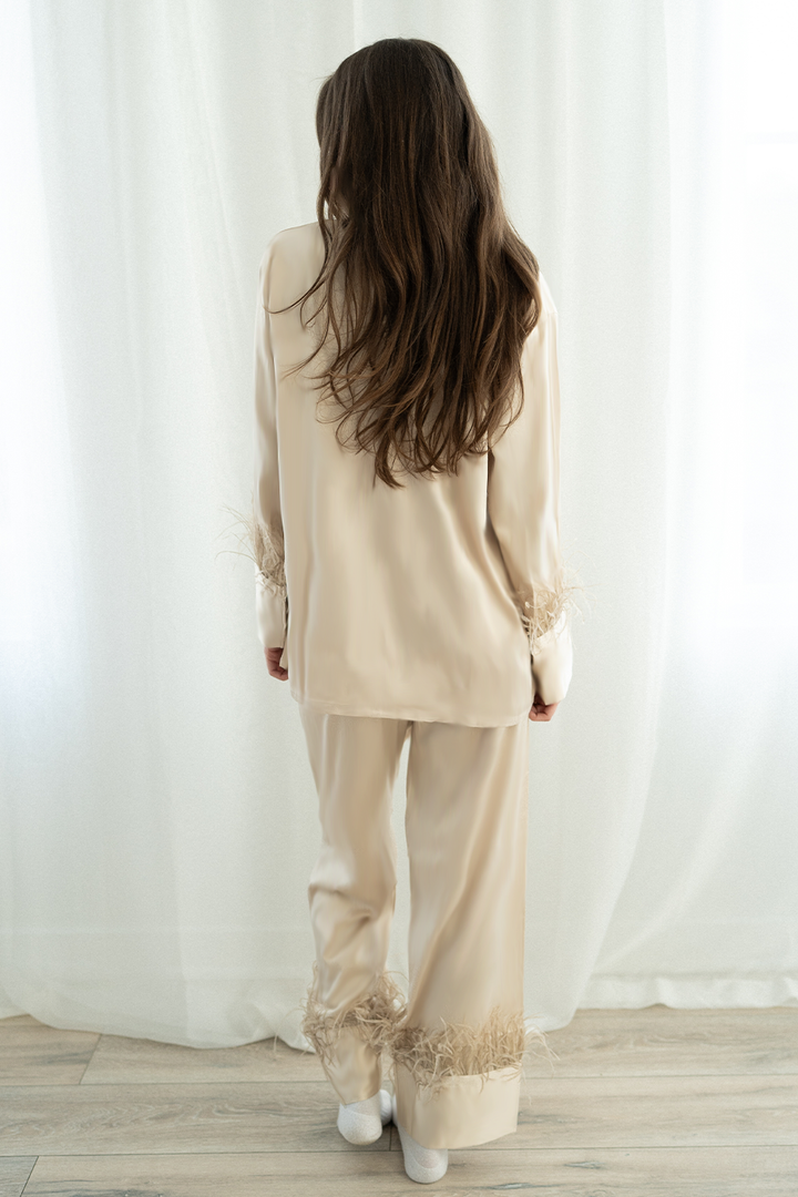 Champagne Feather Satin Pants set-4