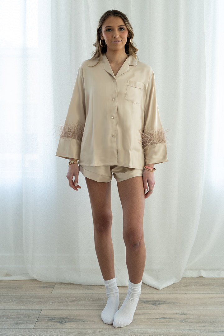 Champagne Feathers Satin Shorts Set-1