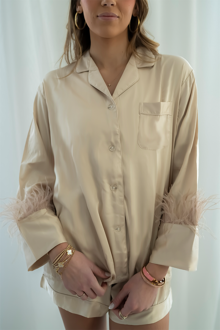 Champagne Feathers Satin Shorts Set-2