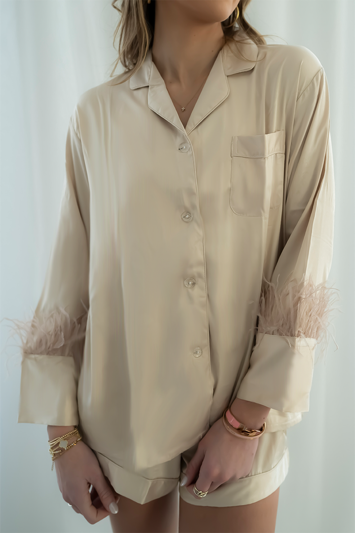Champagne Feathers Satin Shorts Set-4