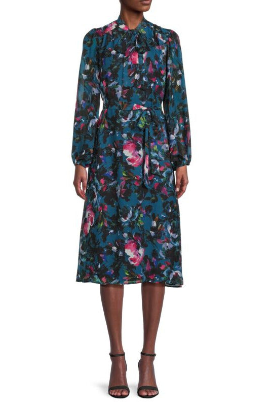 Donna Ricco Floral Tie Neck Midi Dress-0