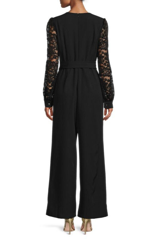 Donna Ricco Belted Wide Leg Deep V-Neck Banded Button Cuffs Lace Sleeve Jumpsuit-1