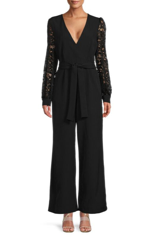 Donna Ricco Belted Wide Leg Deep V-Neck Banded Button Cuffs Lace Sleeve Jumpsuit-0