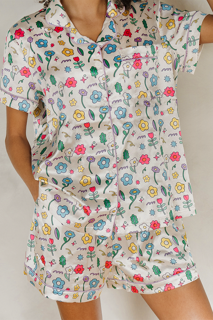 Ditzy Daisy Satin Pajamas Shorts Set-1