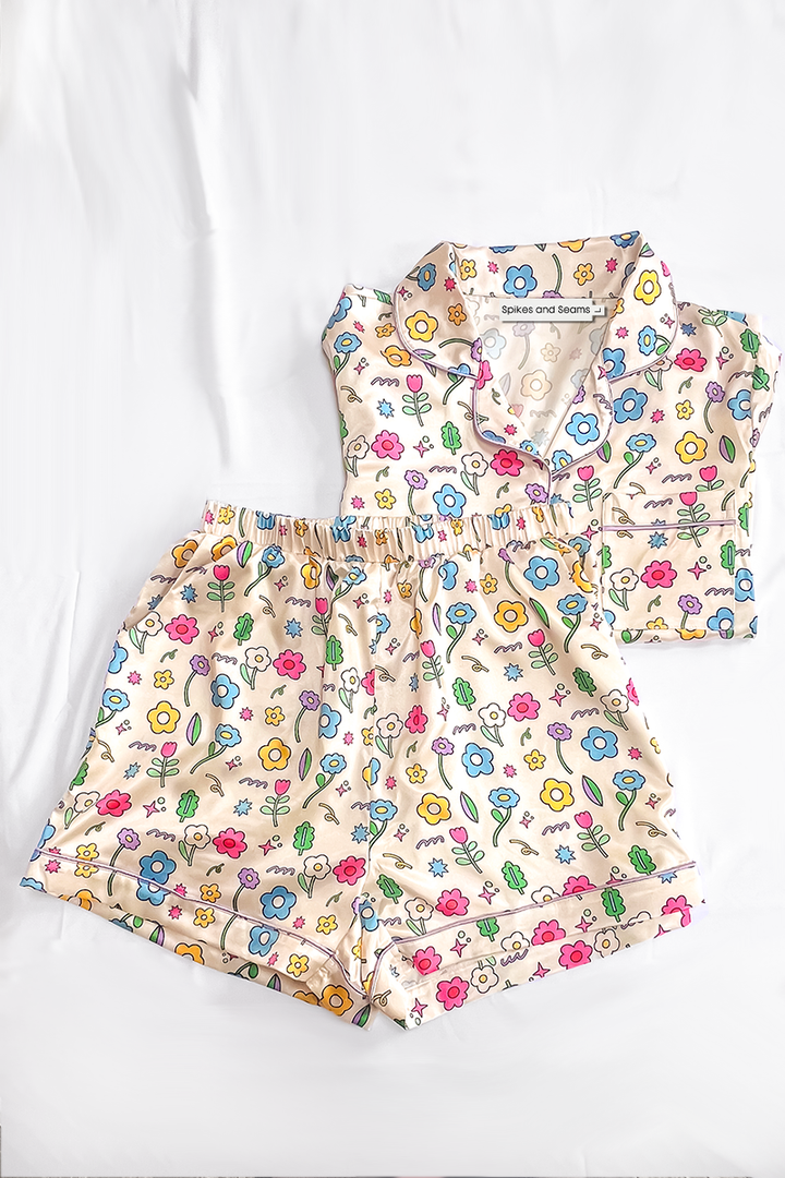 Ditzy Daisy Satin Pajamas Shorts Set-4