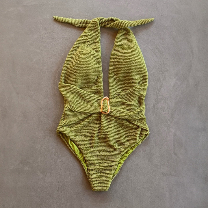 Pistachio Green Textured Samira One Piece Swimwear-0