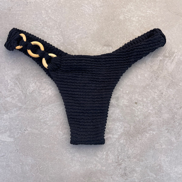 Onyx Black Textured Bia with Rings Bikini Bottom-0