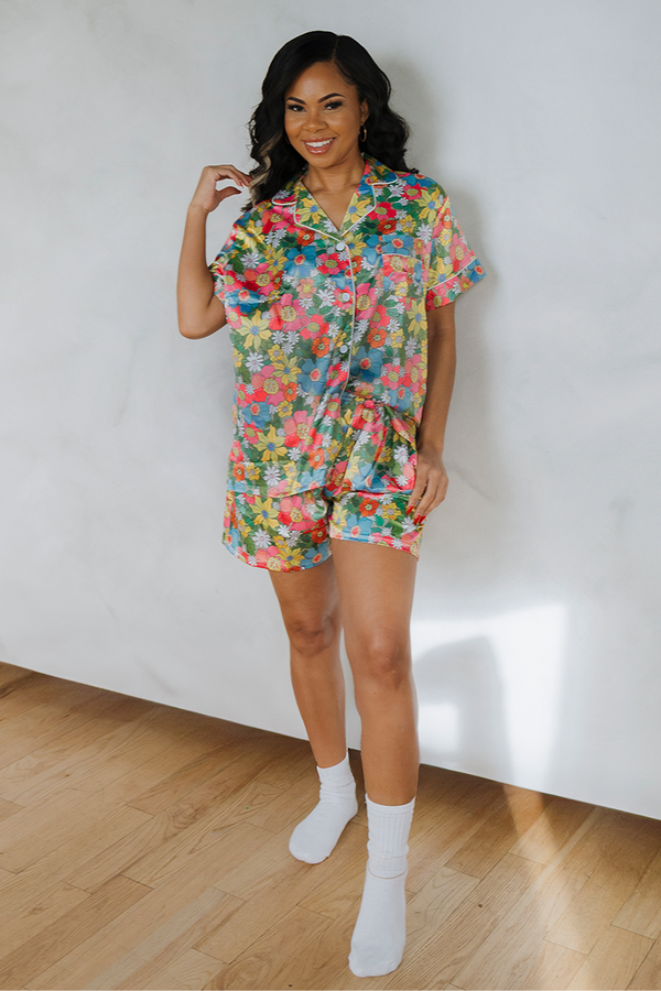 Flowerland Satin Pajamas Shorts Set-0