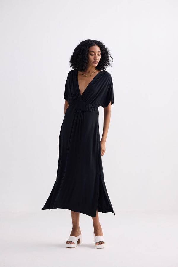 Flowy A-Line Maxi Dress with Side Slits in Black-0