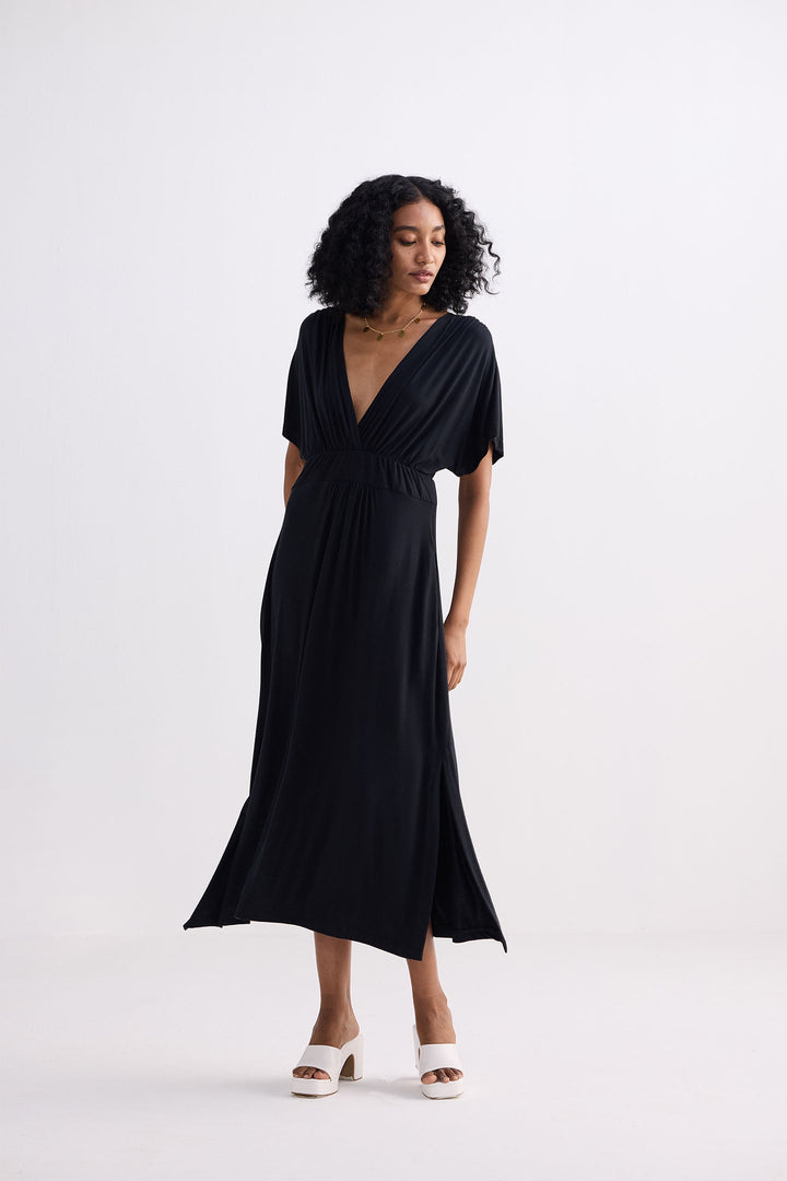 Flowy A-Line Maxi Dress with Side Slits in Black-0