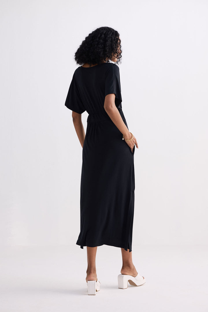 Flowy A-Line Maxi Dress with Side Slits in Black-1