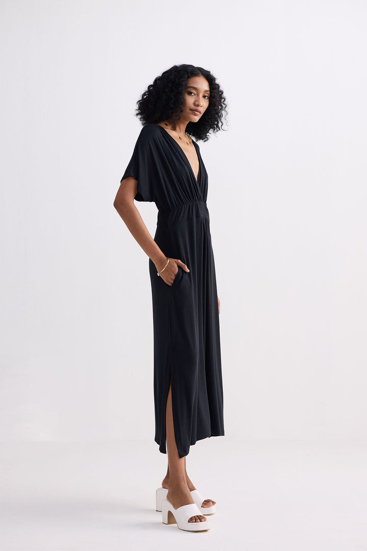 Flowy A-Line Maxi Dress with Side Slits in Black-2