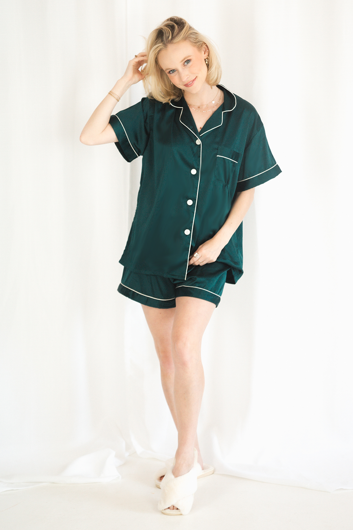 Forest Green Satin Pajamas Shorts Set-1