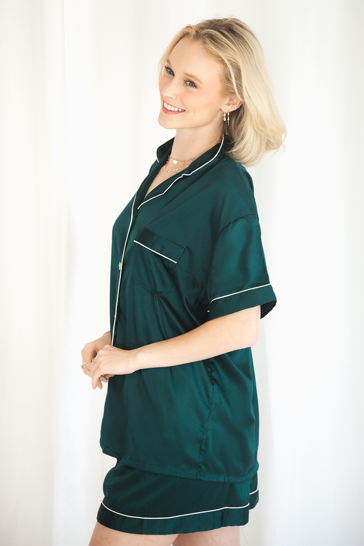 Forest Green Satin Pajamas Shorts Set-3