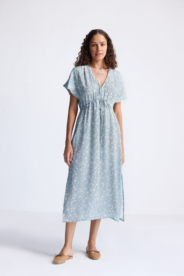 Gathered Maxi Dress in Light Blue Florals-0