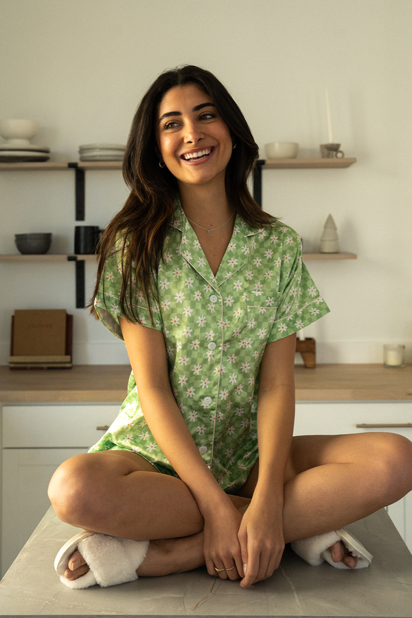 Green Daisy Checkered Satin Pajamas-0